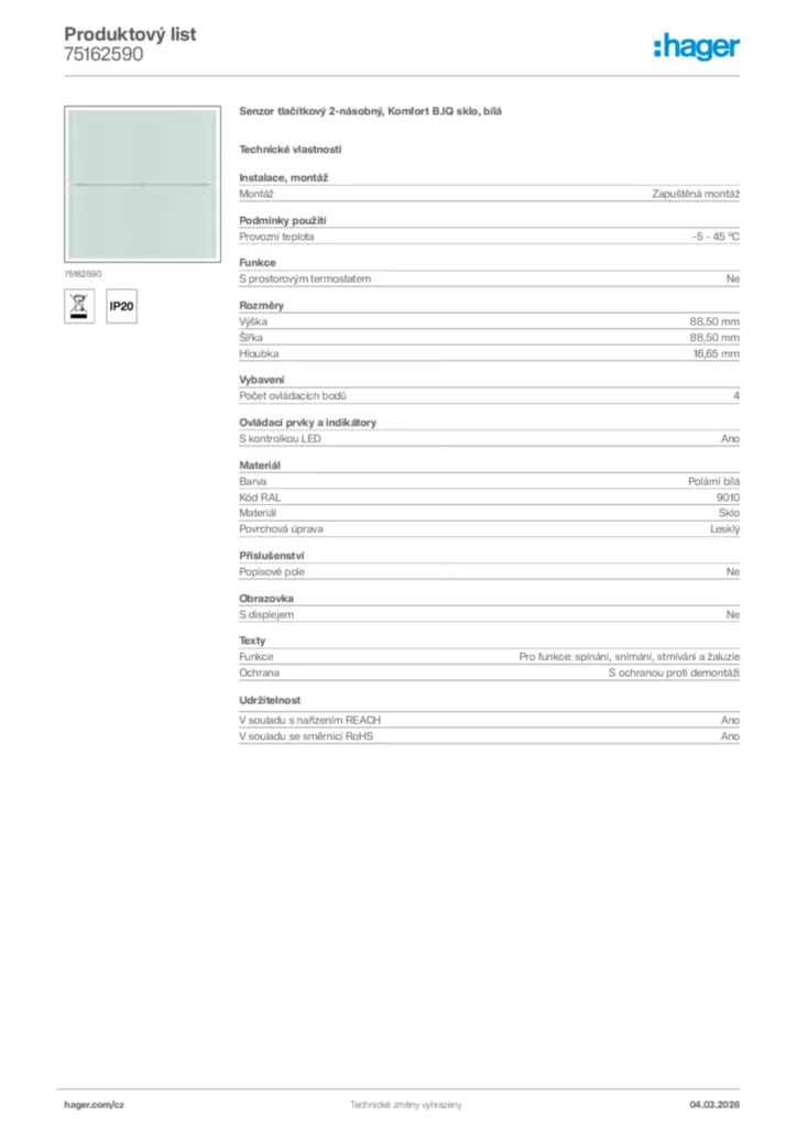 Obrázek Hager Product data sheet 75162590 | Hager