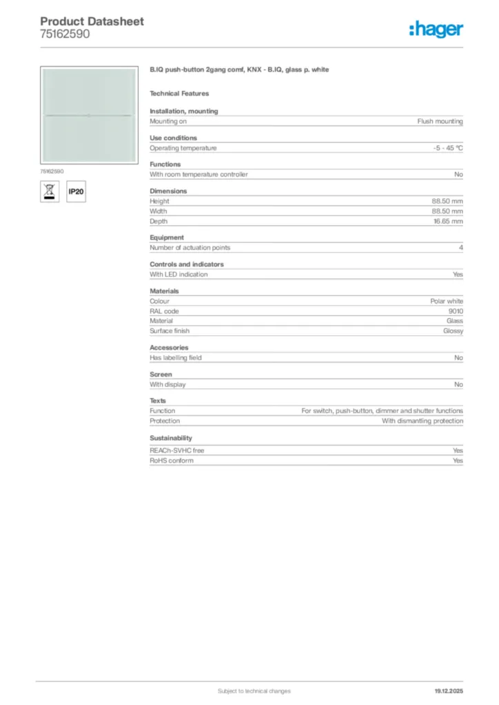 Image Hager Product data sheet 75162590  | Hager