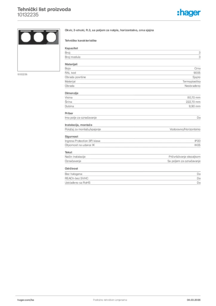 Slika Hager Tehnički list proizvoda 10132235  | Hager