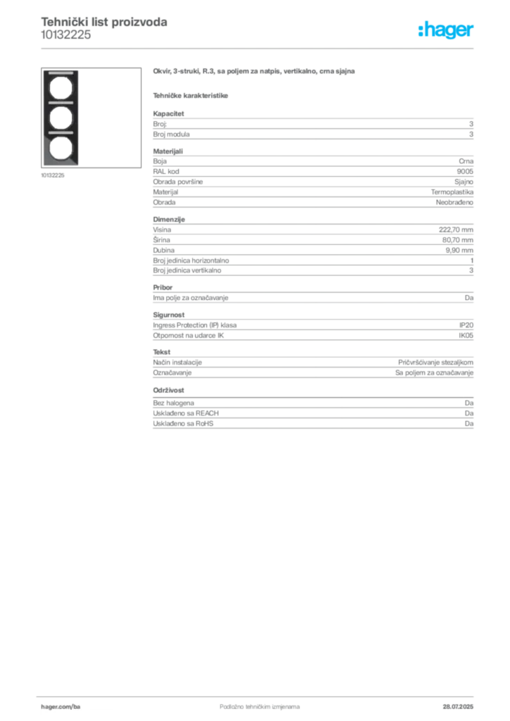 Slika Hager Product data sheet 10132225  | Hager