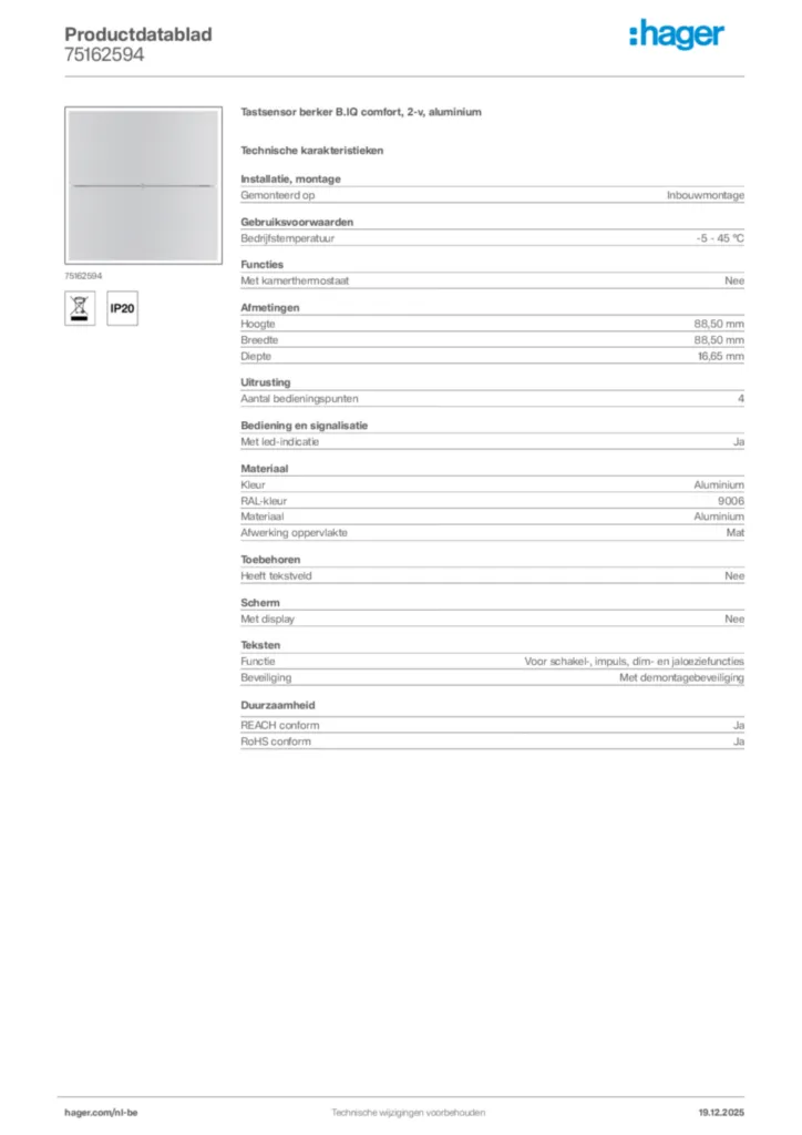 Afbeelding Hager Productdatablad 75162594 | Hager Belgium