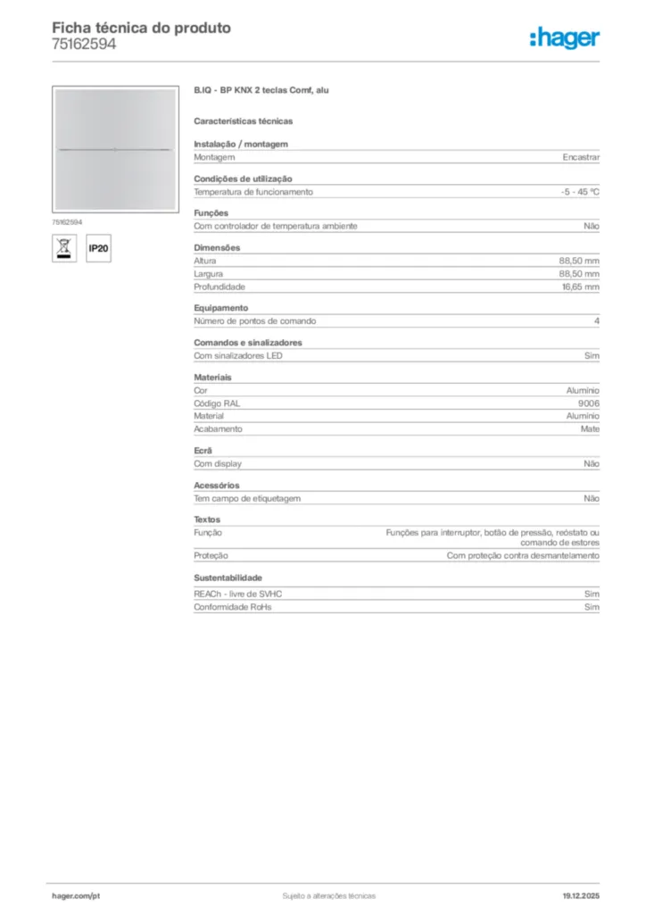 Imagem Hager Ficha técnica do produto 75162594 | Hager Portugal