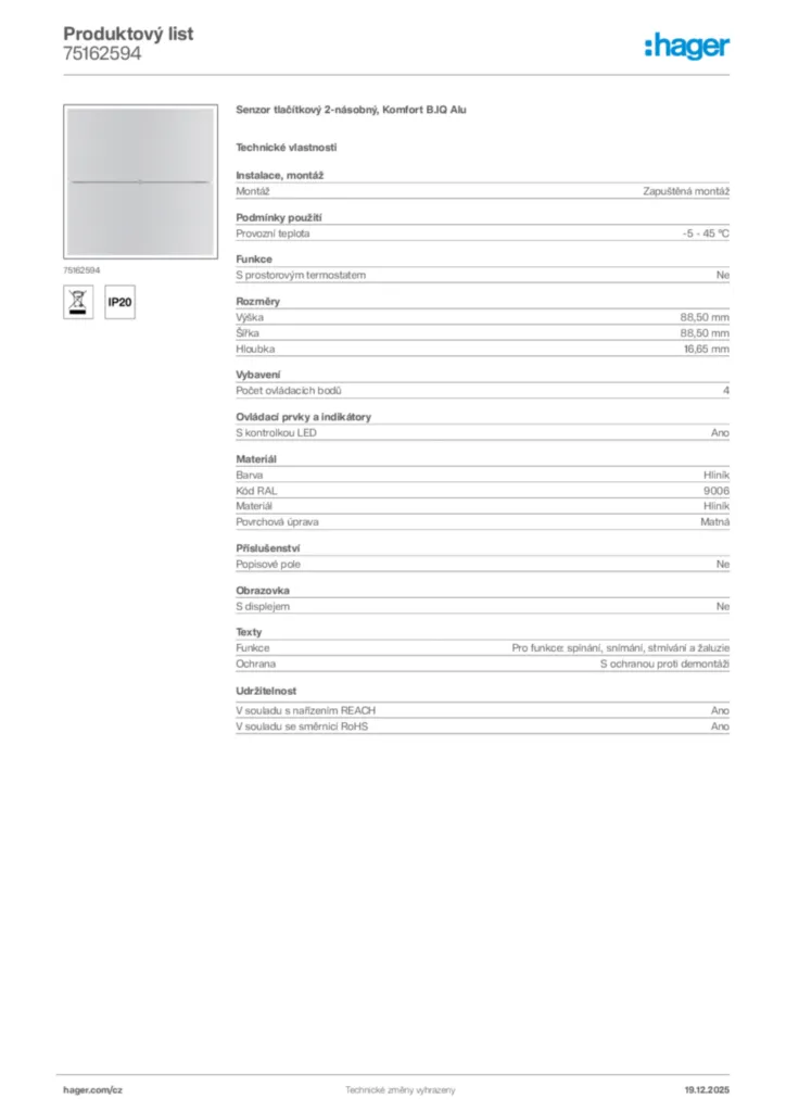 Obrázek Hager Produktový list 75162594 | Hager