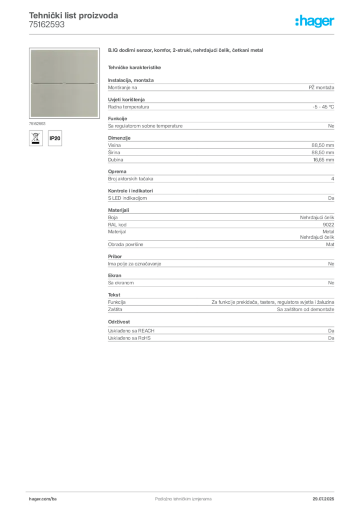 Slika Hager Product data sheet 75162593  | Hager