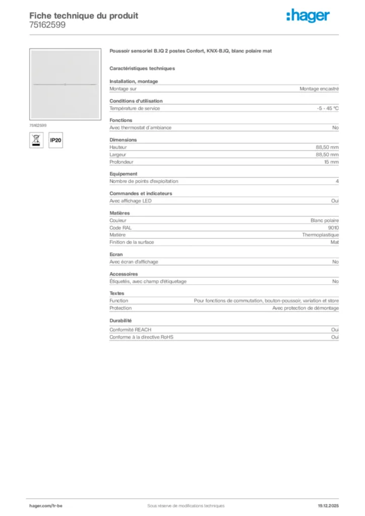 Image Hager Fiche technique du produit 75162599 | Hager Belgique