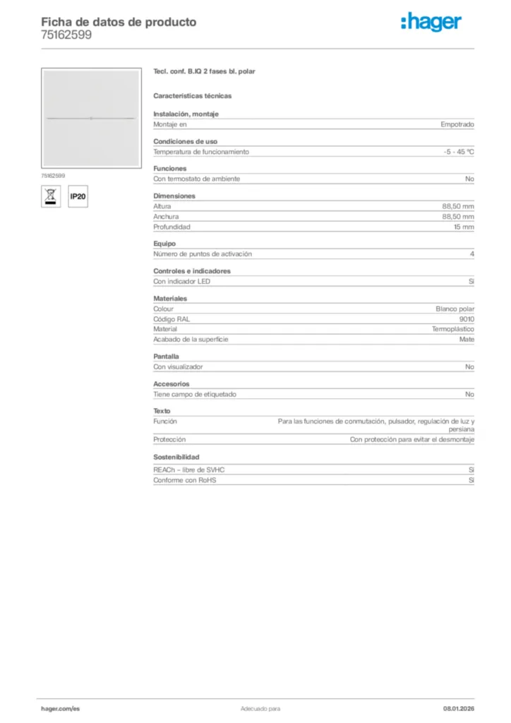 Imagen Hager Ficha de datos de producto 75162599 | Hager España