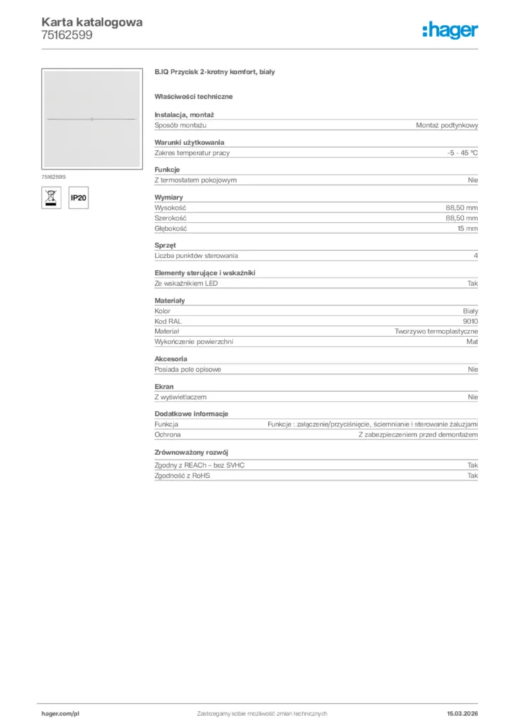 Zdjęcie Hager Karta katalogowa 75162599 | Hager Polska