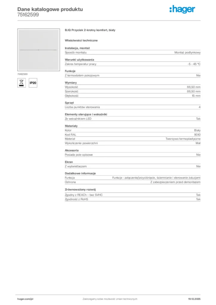 Zdjęcie Hager Karta katalogowa 75162599 | Hager Polska