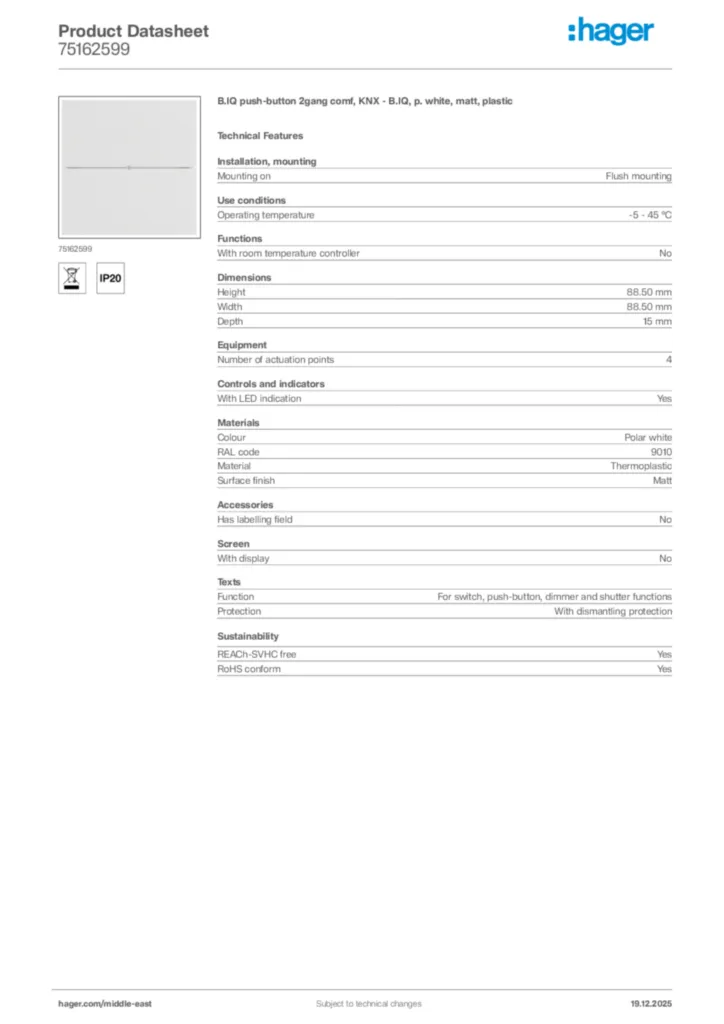 Image Hager Product data sheet 75162599  | Hager