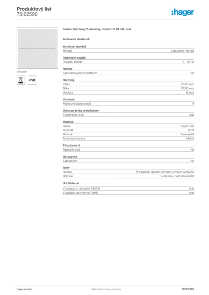Obrázek Hager Produktový list 75162599 | Hager