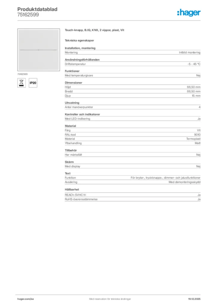 Bild Hager Produktdatablad 75162599 | Hager Sverige