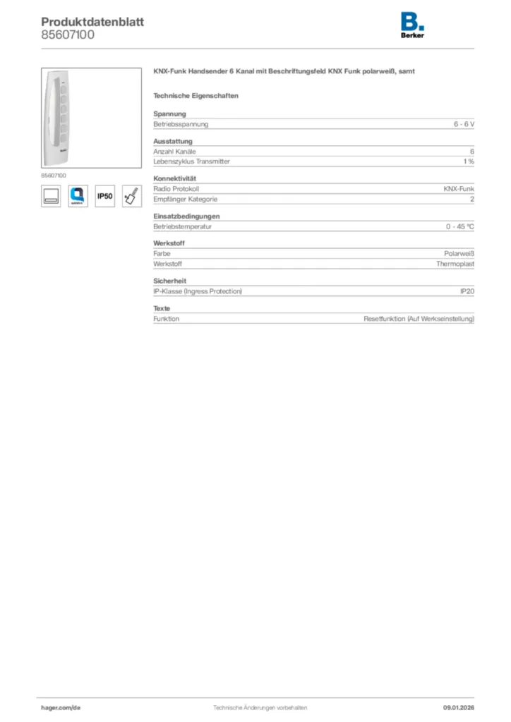 Bild Berker Produktdatenblatt 85607100 | Hager Deutschland