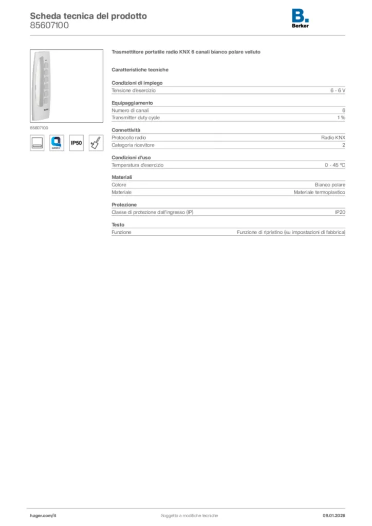 Immagine Berker Scheda tecnica del prodotto 85607100 | Hager Italia