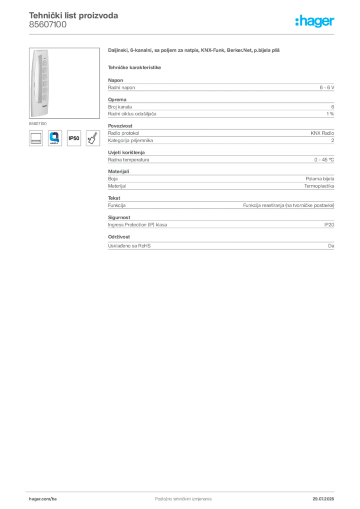 Slika Hager Product data sheet 85607100  | Hager