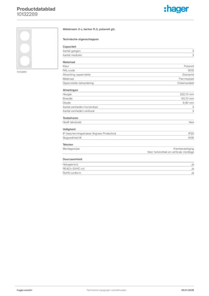 Afbeelding Hager Productdatablad 10132289 | Hager Nederland