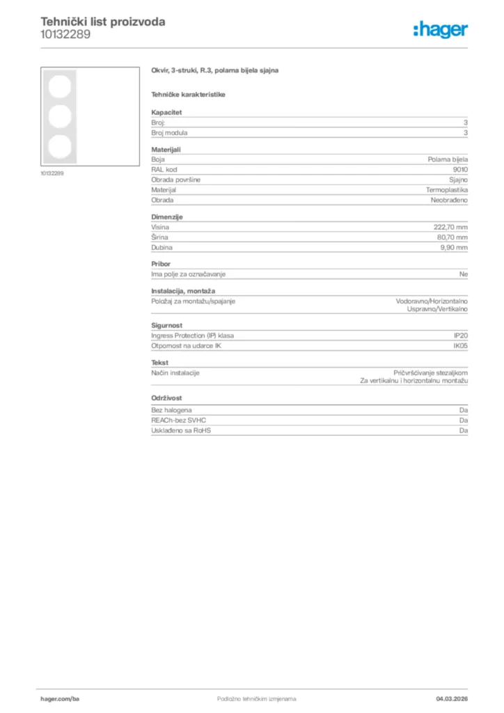 Slika Hager Tehnički list proizvoda 10132289  | Hager