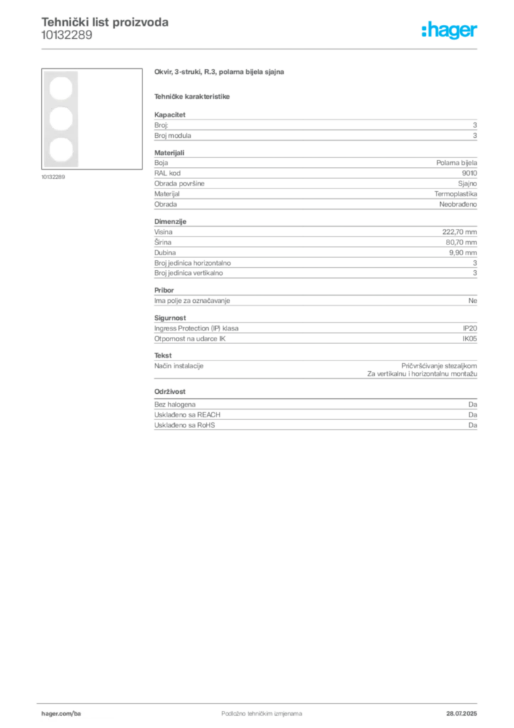 Slika Hager Product data sheet 10132289  | Hager