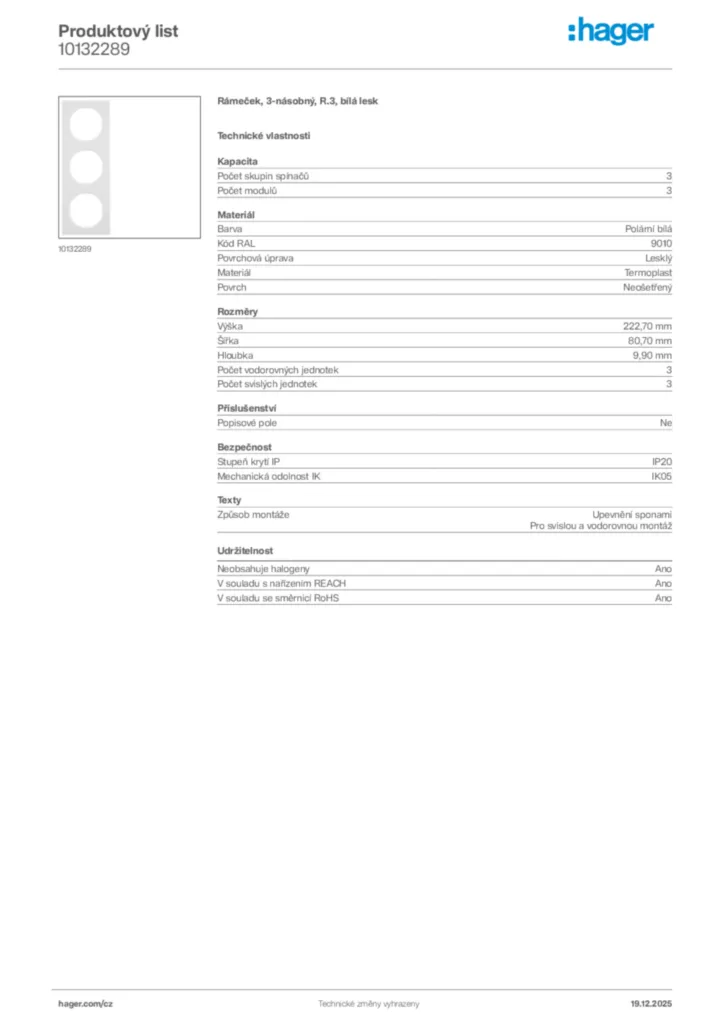 Obrázek Hager Produktový list 10132289 | Hager