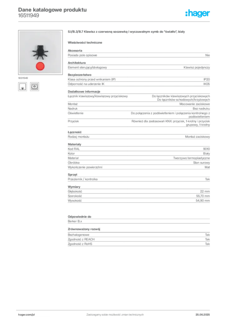 Zdjęcie Hager Karta katalogowa 16511949 | Hager Polska