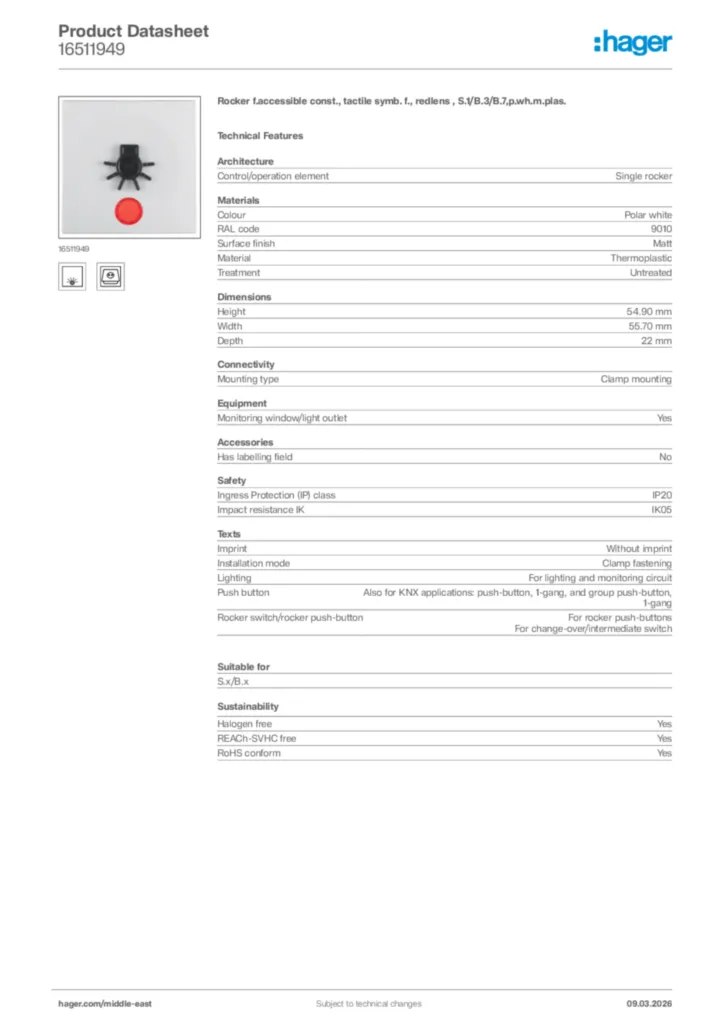 Image Hager Product data sheet 16511949  | Hager