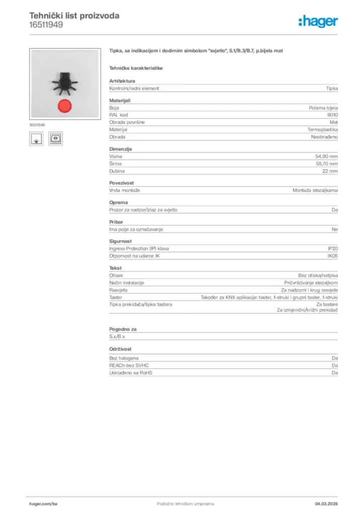 Slika Hager Tehnički list proizvoda 16511949  | Hager