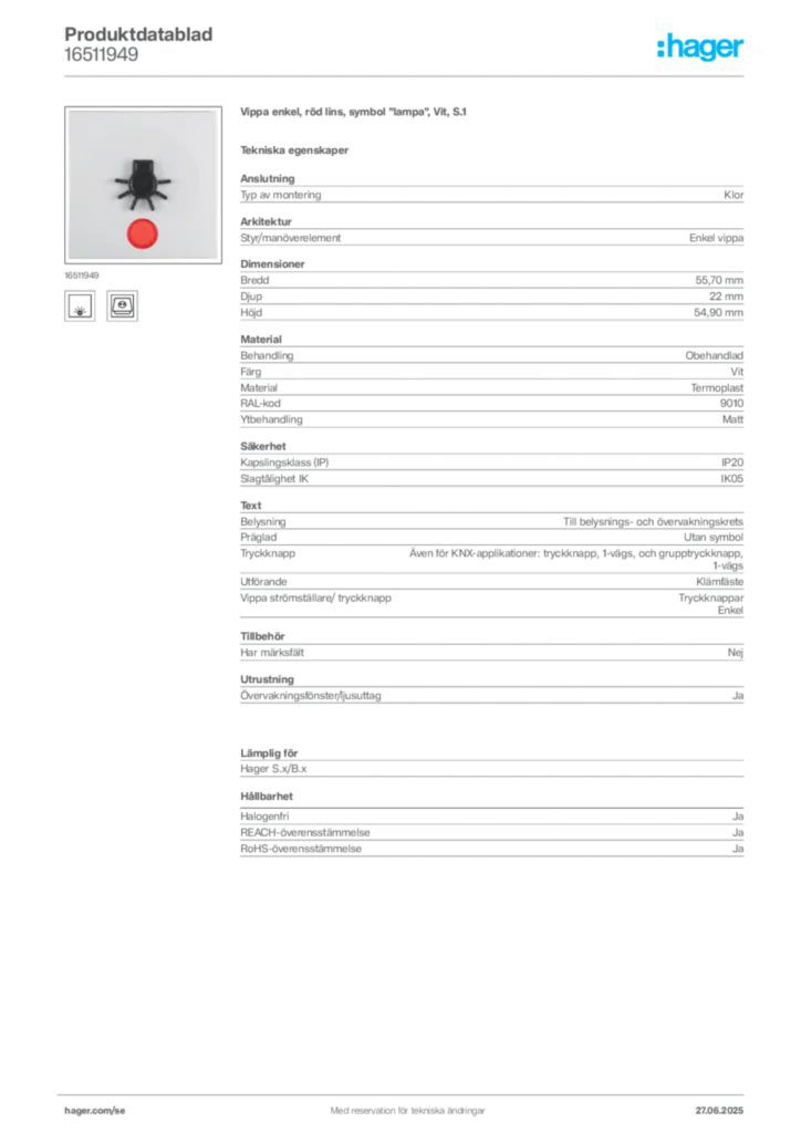 Bild Hager Produktdatablad 16511949 | Hager Sverige