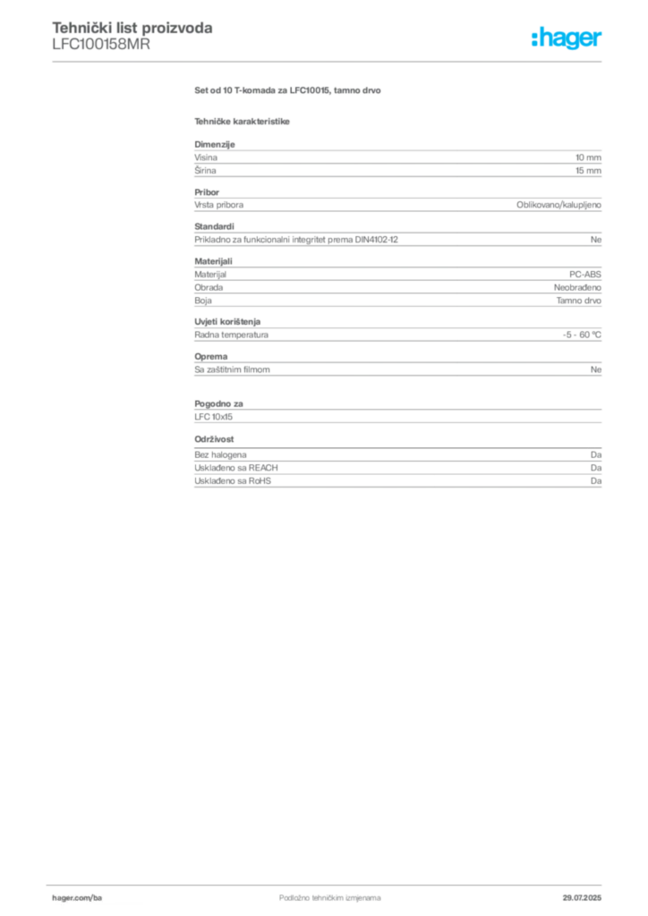 Slika Hager Product data sheet LFC100158MR  | Hager