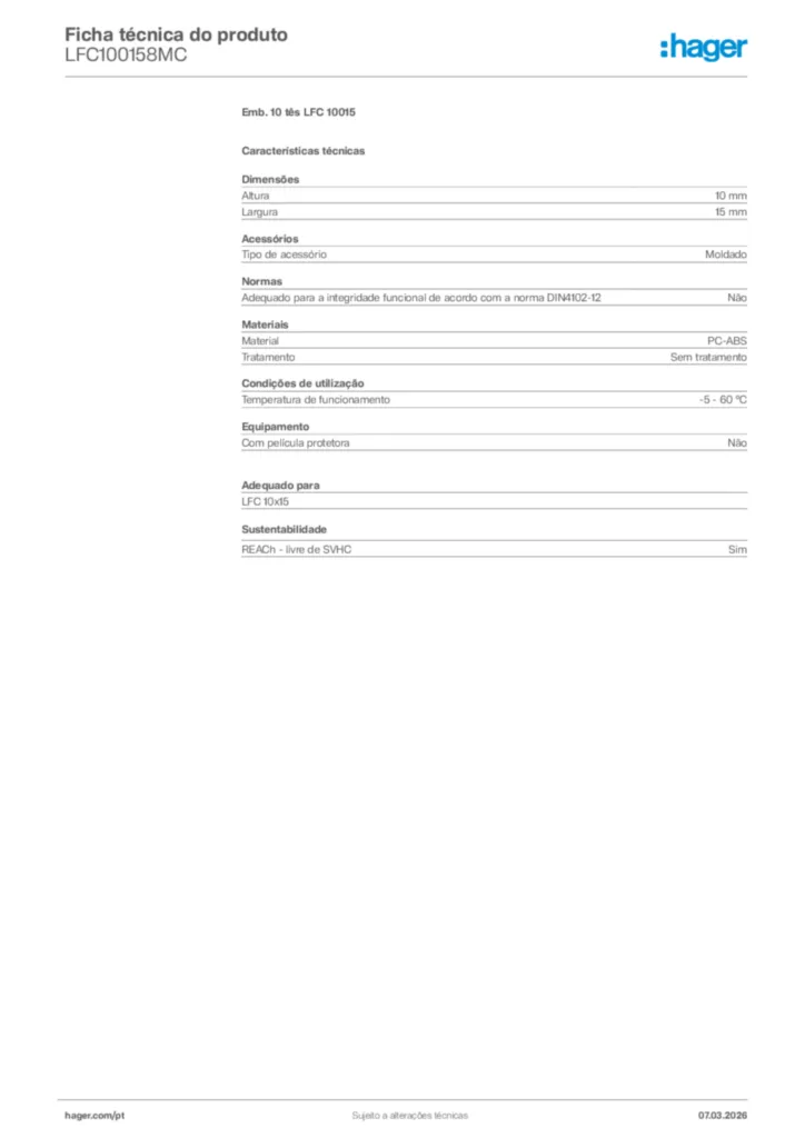Imagem Hager Ficha técnica do produto LFC100158MC | Hager Portugal