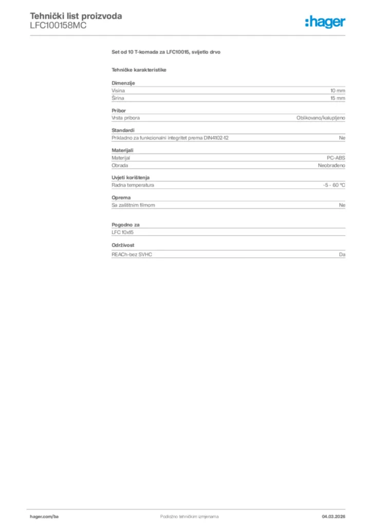Slika Hager Tehnički list proizvoda LFC100158MC  | Hager