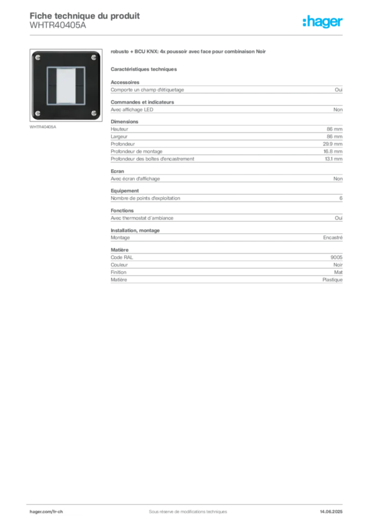 Image Hager Fiche technique du produit WHTR40405A | Hager Suisse