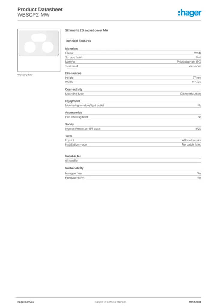 Image Hager Product data sheet WBSCP2-MW  | Hager Australia