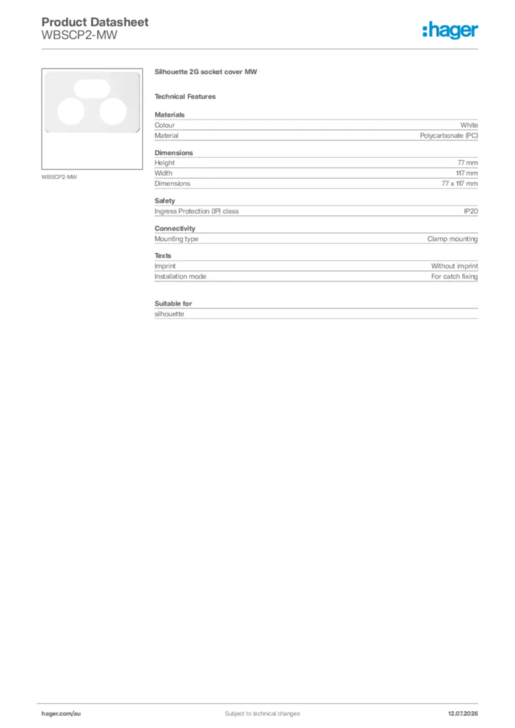 Image Hager Product data sheet WBSCP2-MW  | Hager Australia