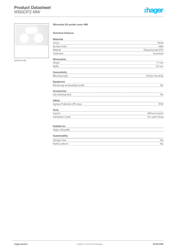 Image Hager Product data sheet WBSCP2-MW  | Hager New Zealand