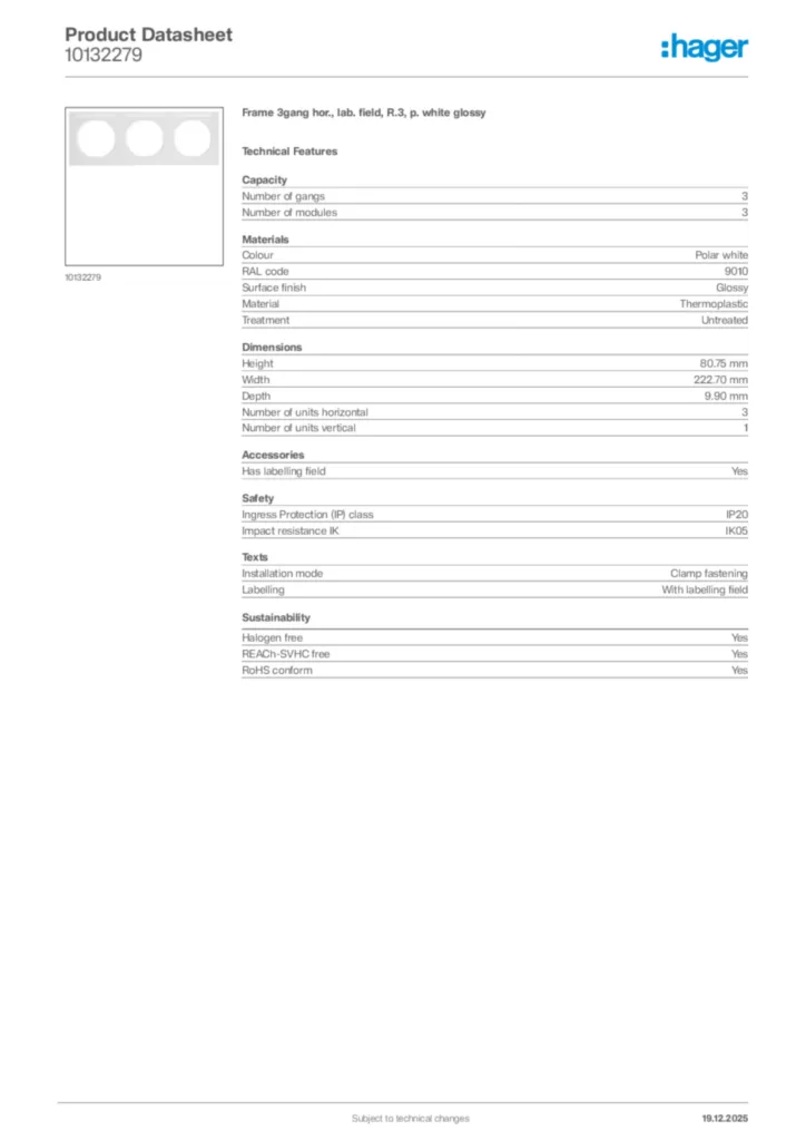 Image Hager Product data sheet 10132279  | Hager
