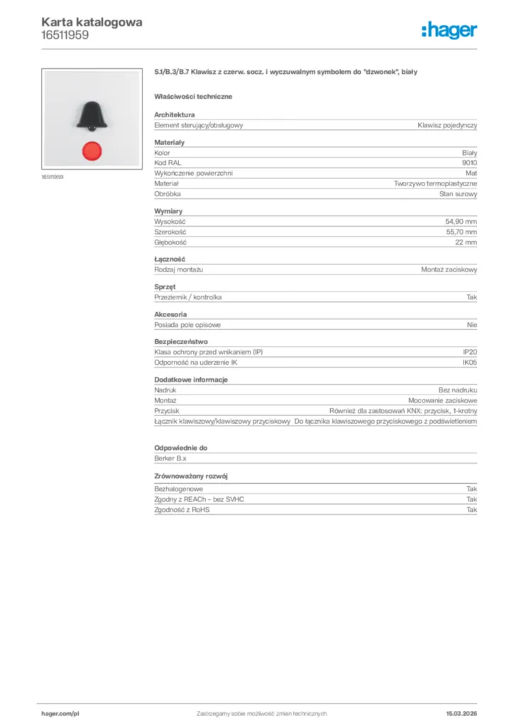 Zdjęcie Hager Karta katalogowa 16511959 | Hager Polska