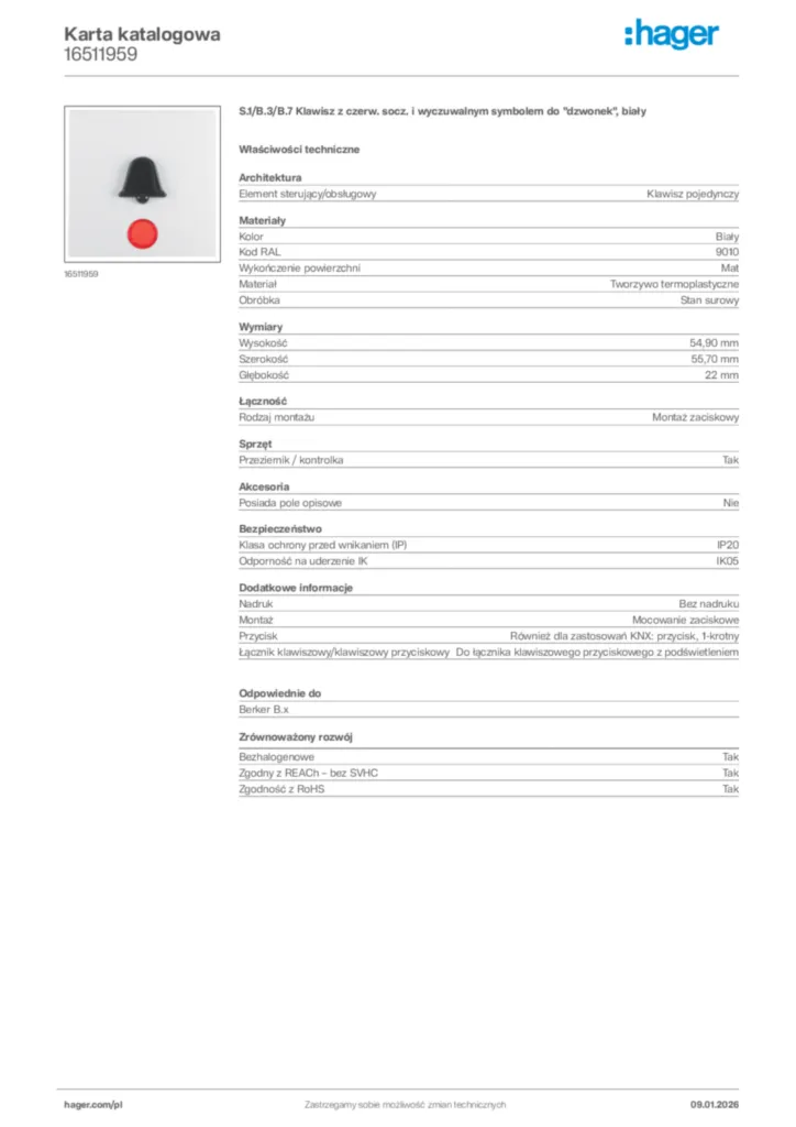 Zdjęcie Hager Karta katalogowa 16511959 | Hager Polska