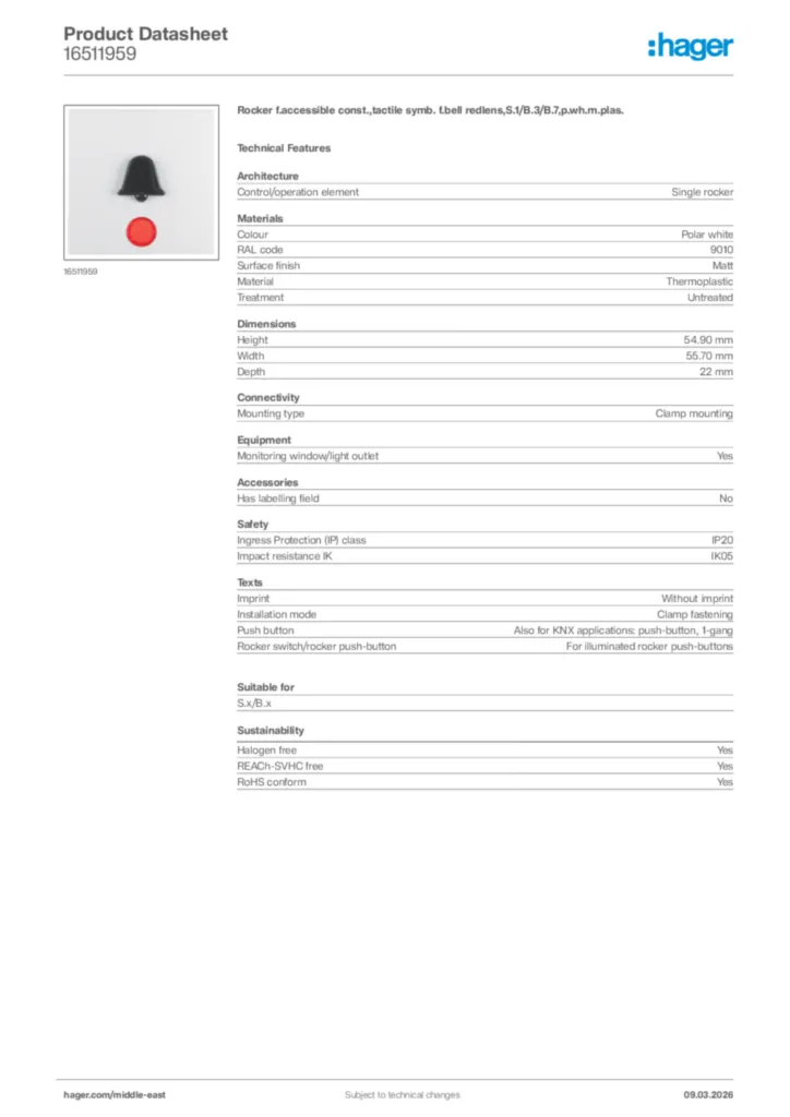 Image Hager Product data sheet 16511959  | Hager