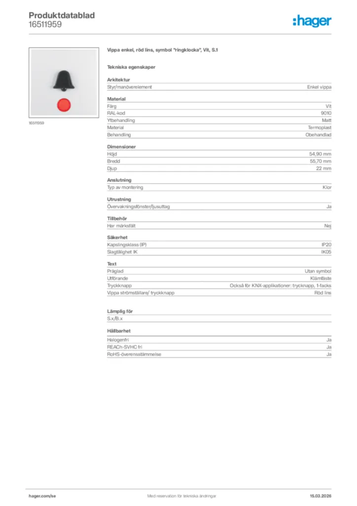 Bild Hager Produktdatablad 16511959 | Hager Sverige