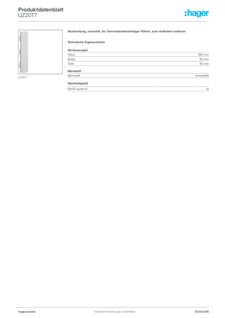 Hager Produktdatenblatt UZ20T7