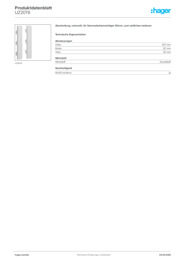 Hager Produktdatenblatt UZ20T6