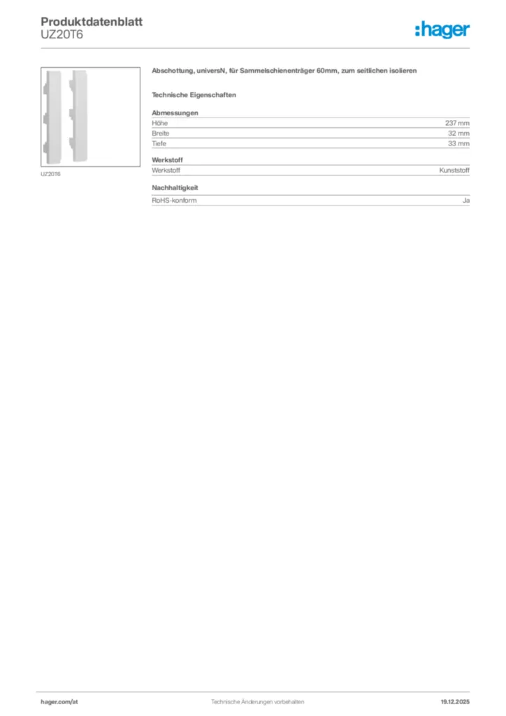 Bild Hager Produktdatenblatt UZ20T6 | Hager Deutschland