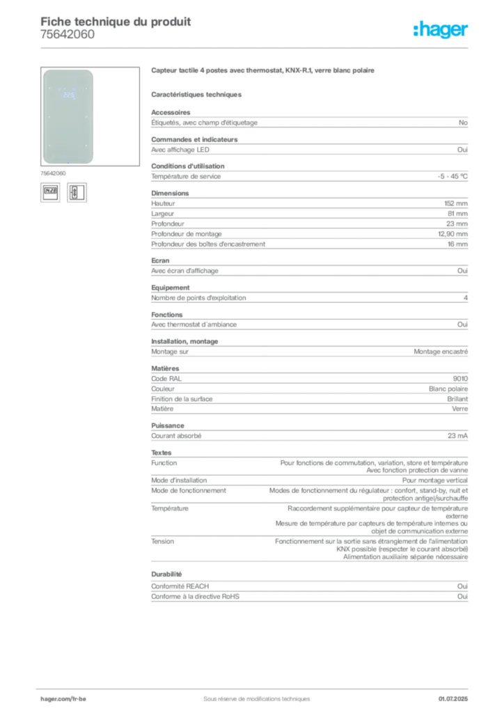 Image Hager Fiche technique du produit 75642060 | Hager Belgique