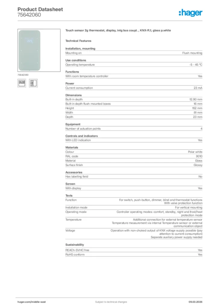 Image Hager Product data sheet 75642060  | Hager