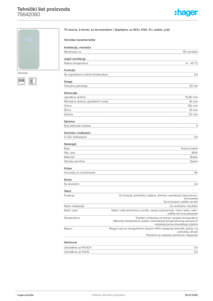 Slika Hager Product data sheet 75642060  | Hager