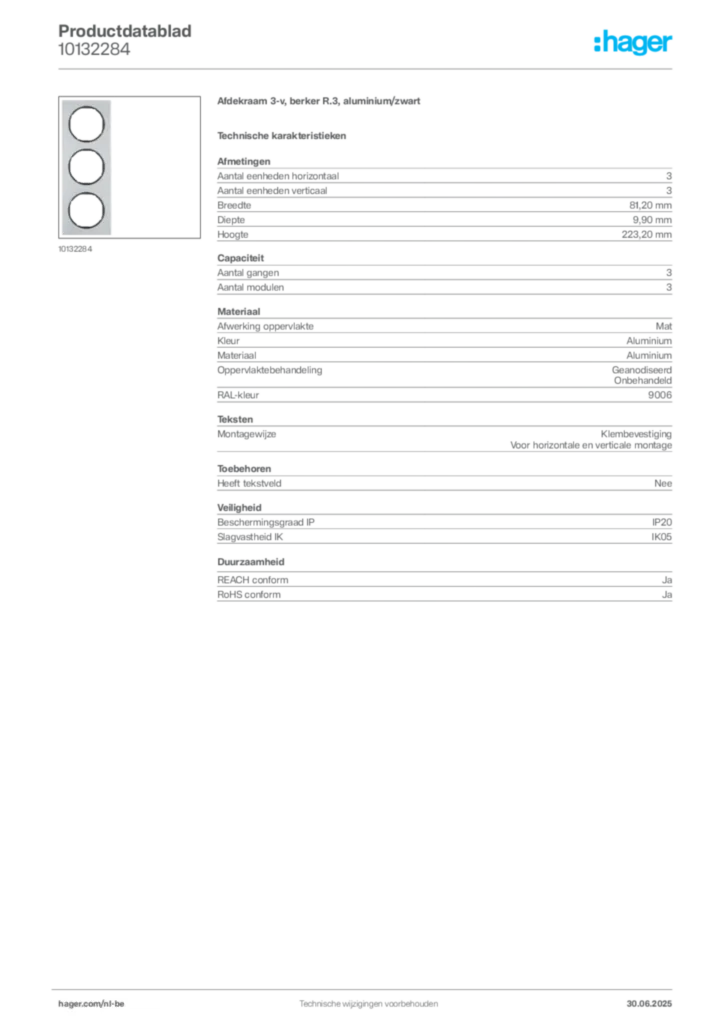 Afbeelding Hager Productdatablad 10132284 | Hager Belgium