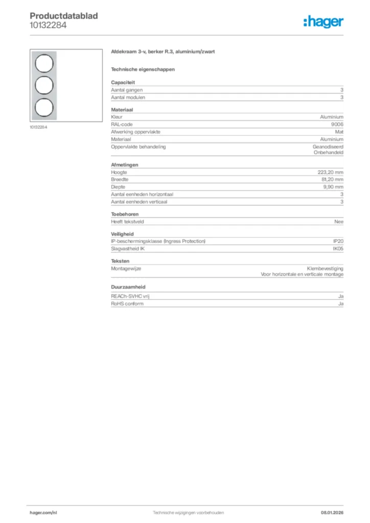Afbeelding Hager Productdatablad 10132284 | Hager Nederland