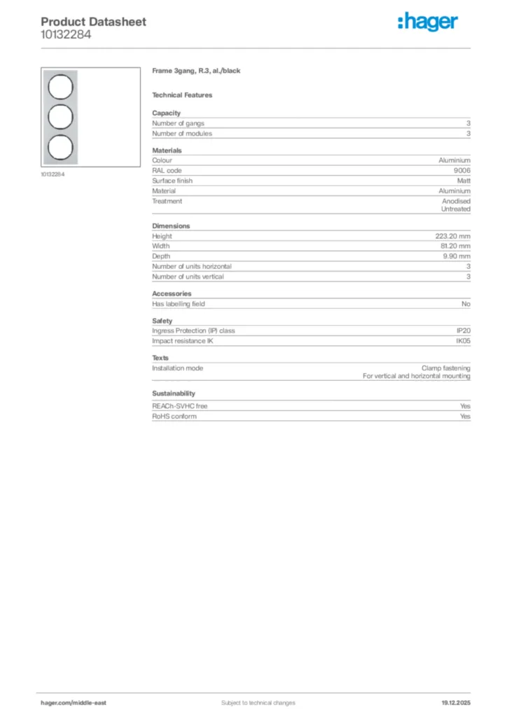 Image Hager Product data sheet 10132284  | Hager