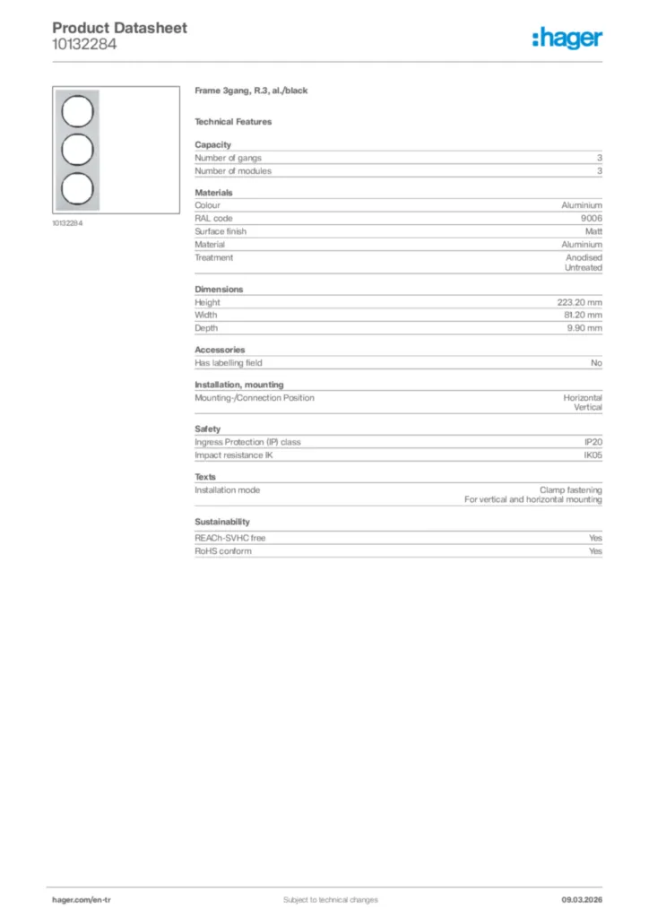 Image Hager Product data sheet 10132284  | Hager