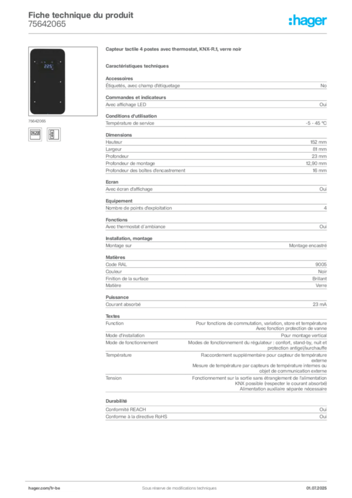 Image Hager Fiche technique du produit 75642065 | Hager Belgique