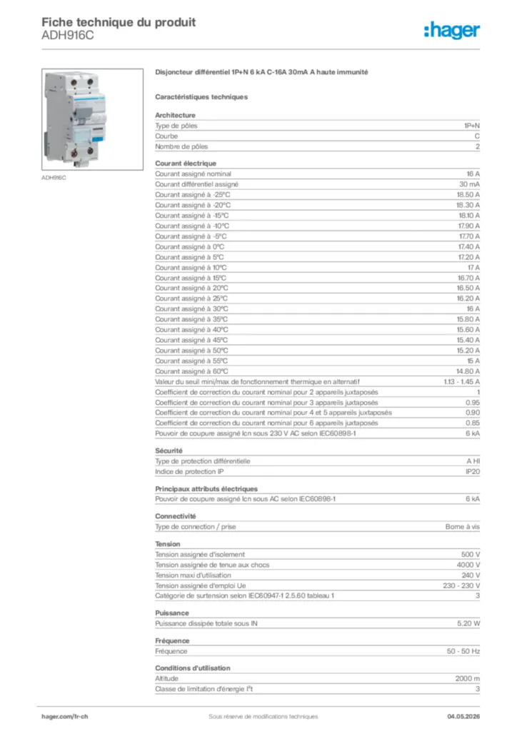 Image Hager Fiche technique du produit ADH916C | Hager Suisse